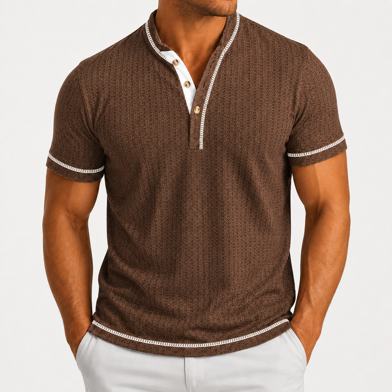 Men's textured Henley polo in Khaki