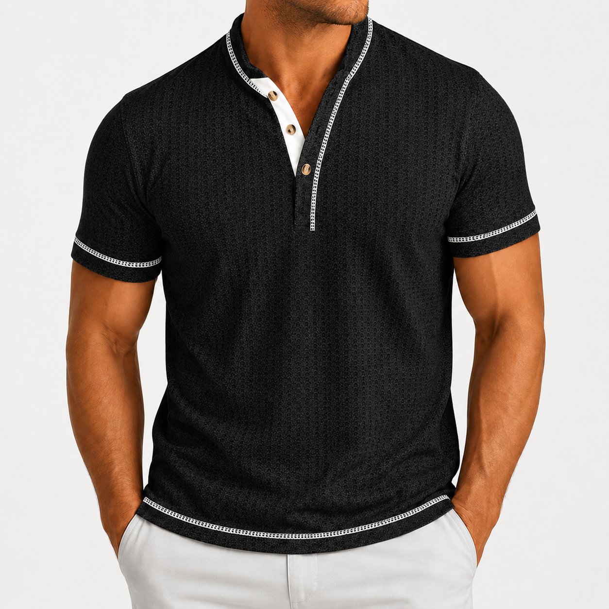 Men's textured Henley polo in Black