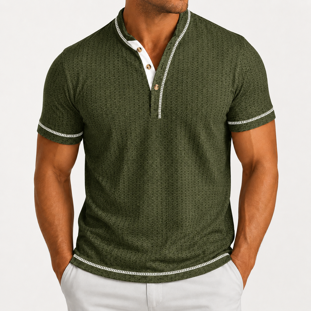 Men's textured Henley polo in Olive Green