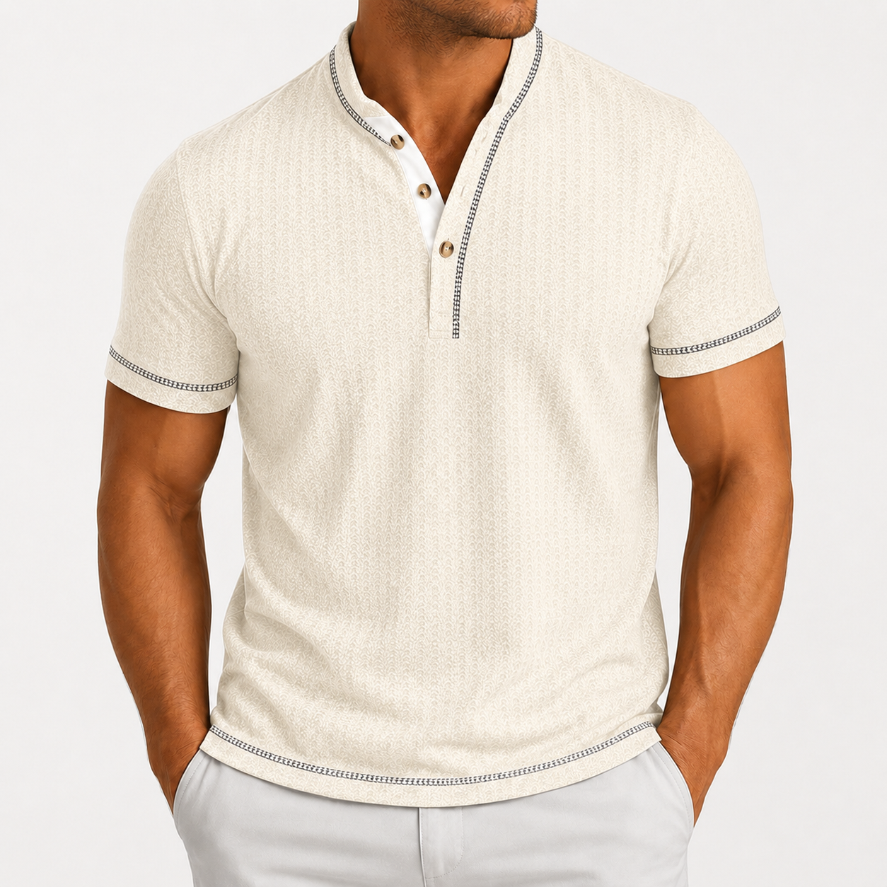 Men's textured Henley polo in White