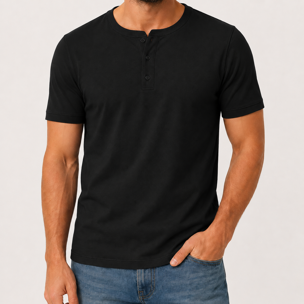 Men's henley T-shirt Black front view