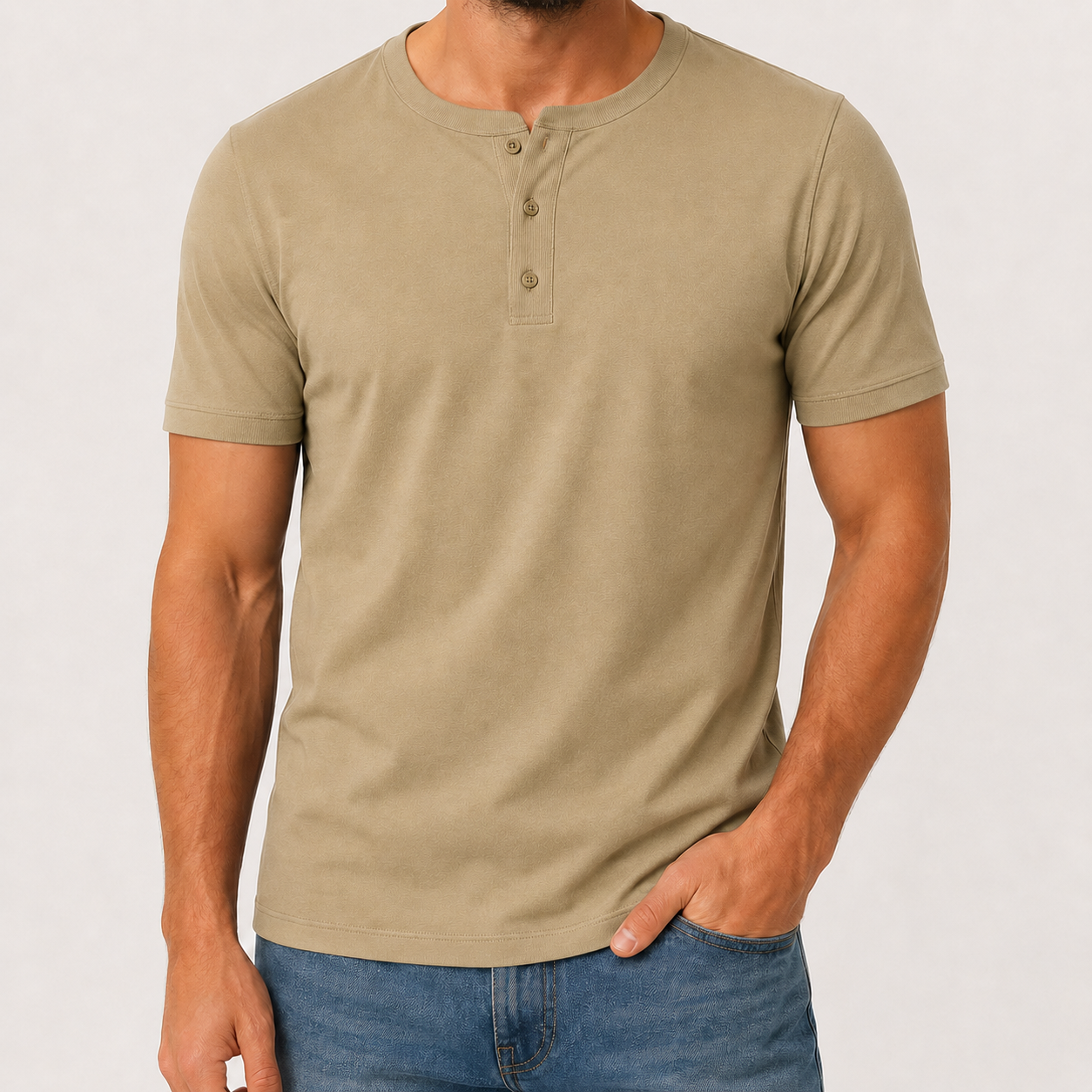 Men's henley T-shirt Khaki Beige front view