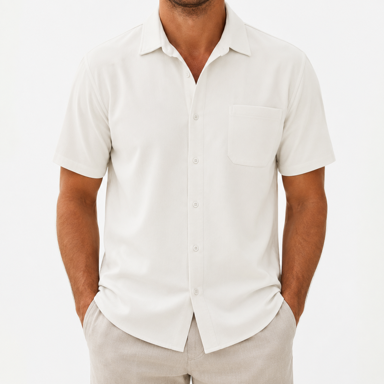 Men's short sleeve button-up shirt ivory 8-pack