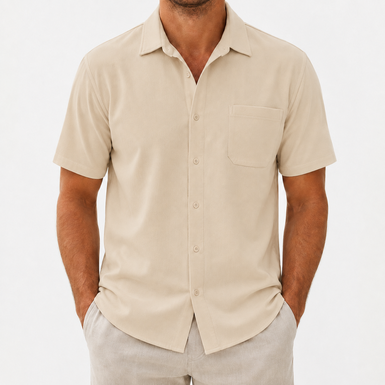 Men's short sleeve button-up shirt sand beige 8-pack