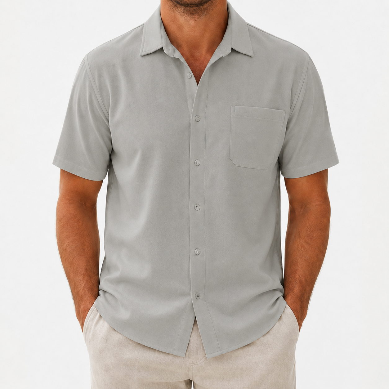 Men's short sleeve button-up shirt stone gray 8-pack