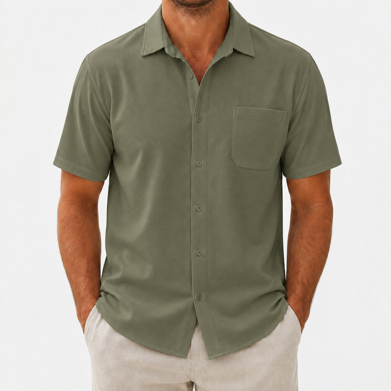 Men's short sleeve button-up shirt olive green 8-pack