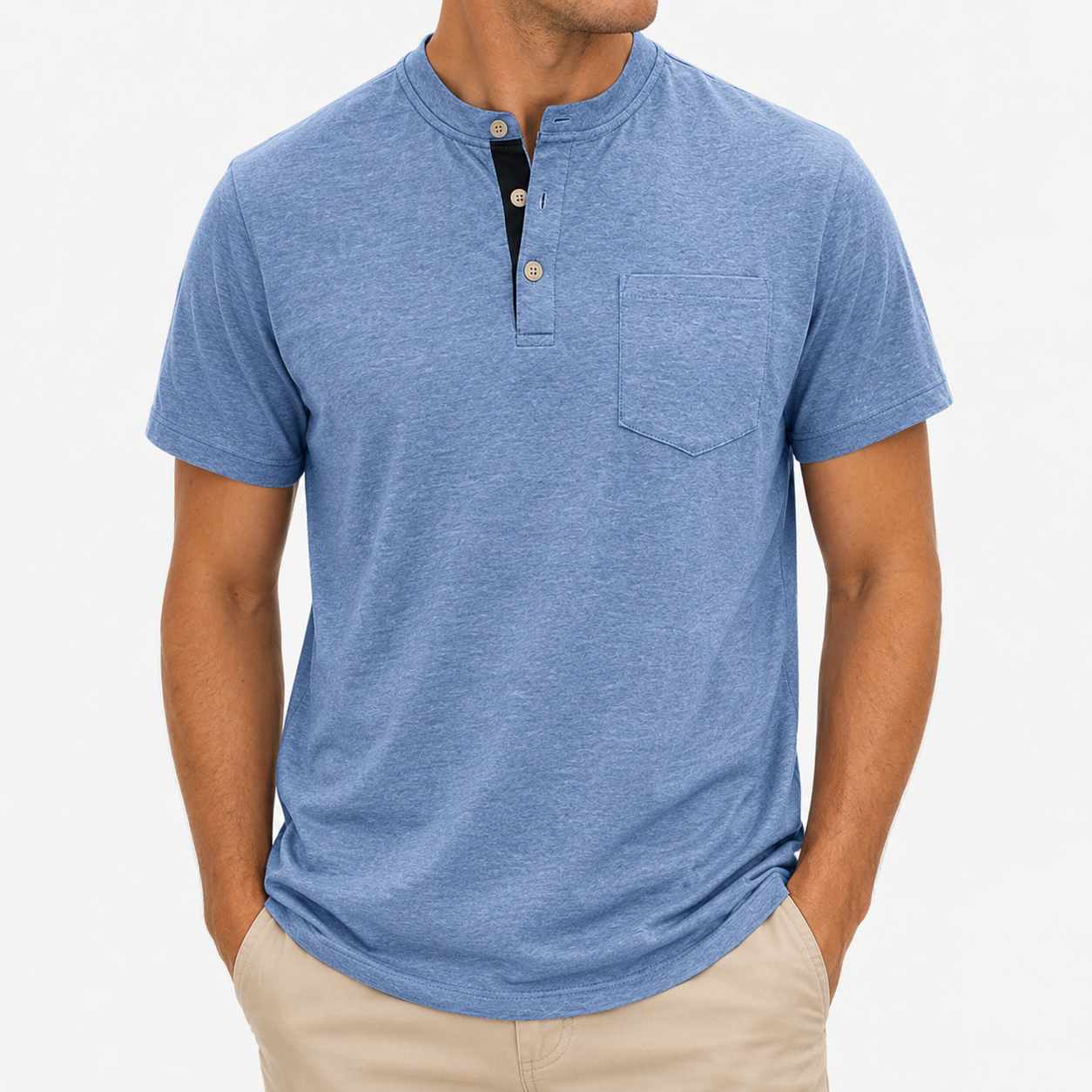 Men’s heathered blue Henley T-shirt front view