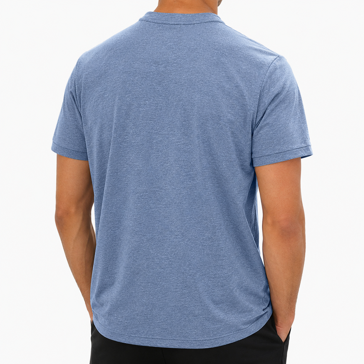 Men’s heathered blue Henley T-shirt back view