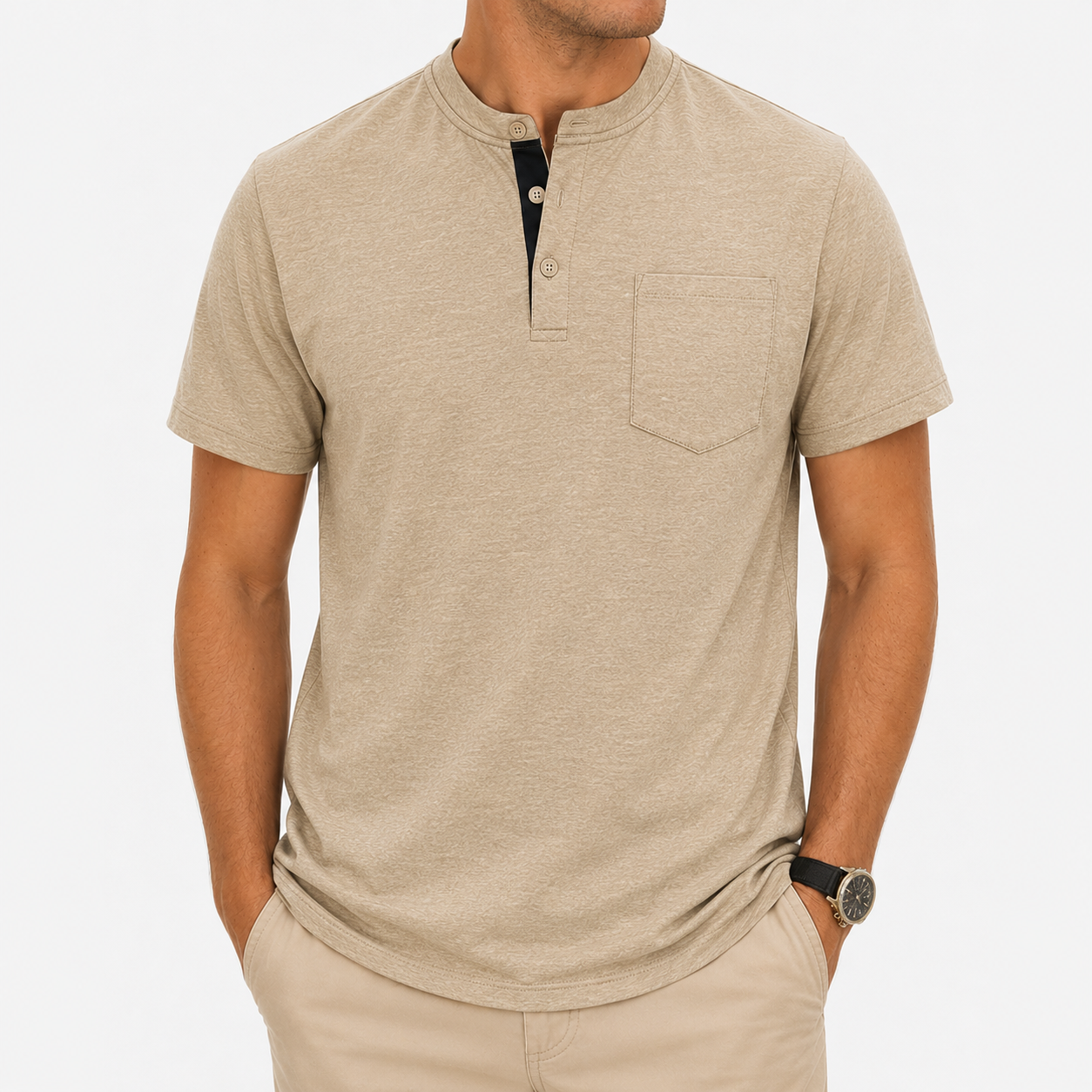Men’s sand beige heathered Henley T-shirt
