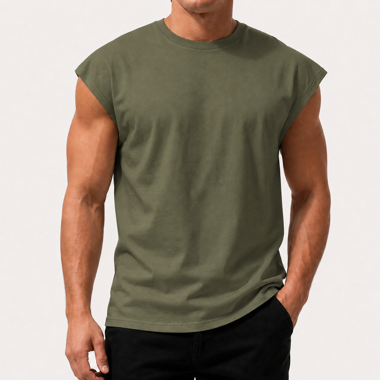 Olive men's sleeveless crew neck muscle tee