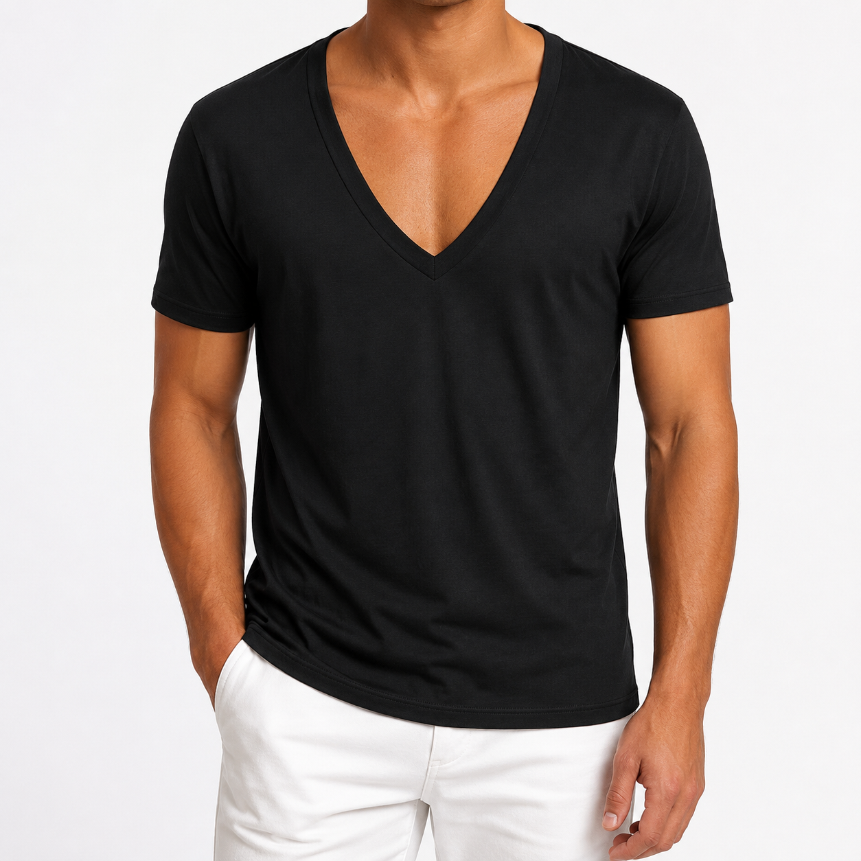 Black men's deep V-neck T-shirt front view
