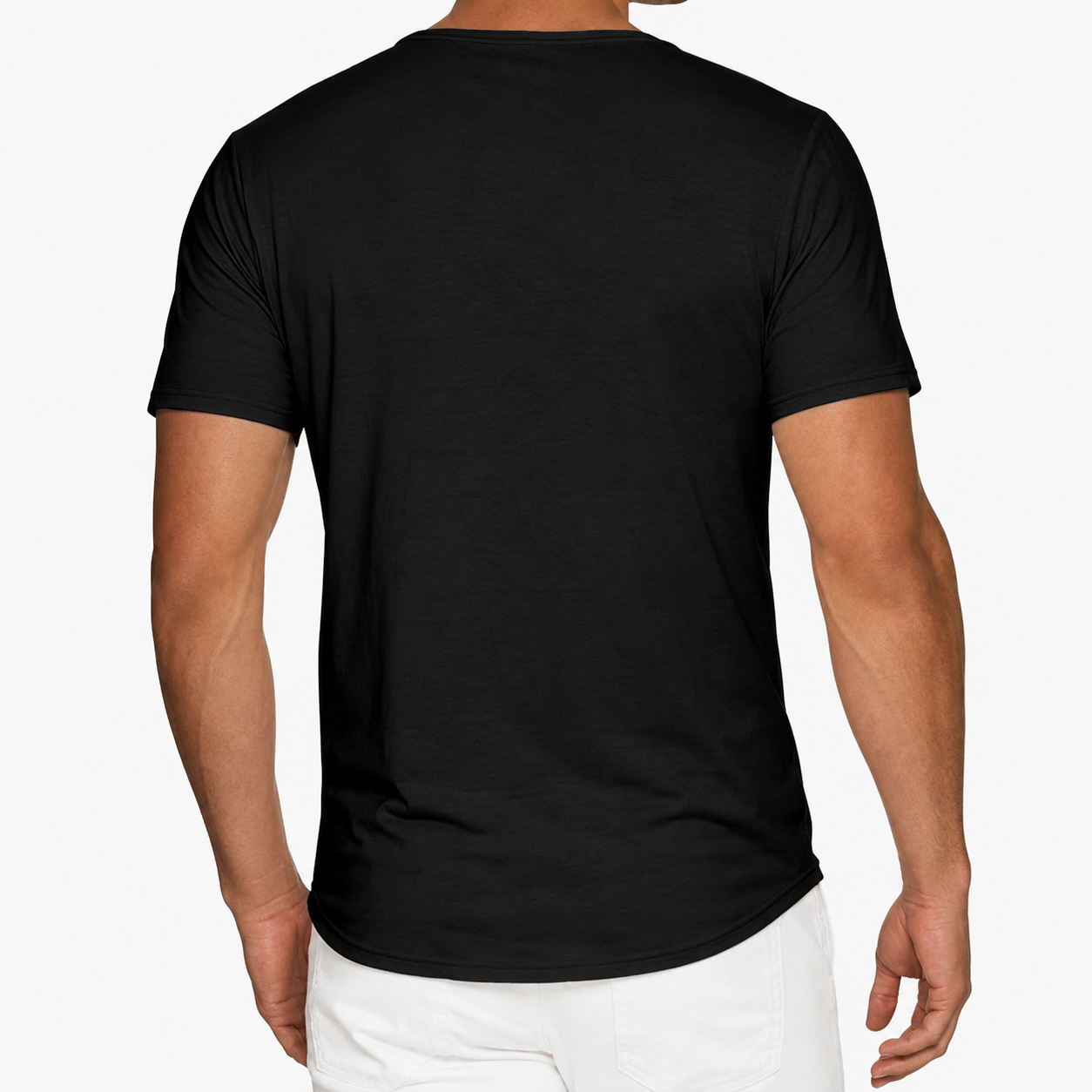 Back view of black men's deep V-neck T-shirt
