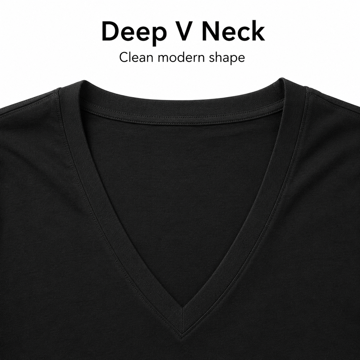 Deep V-neck collar detail on black men's T-shirt