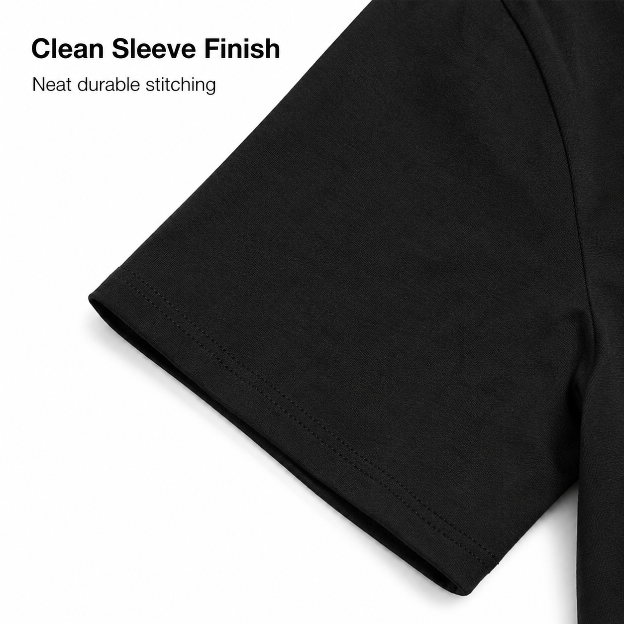 Clean stitched arm opening detail on black men's T-shirt