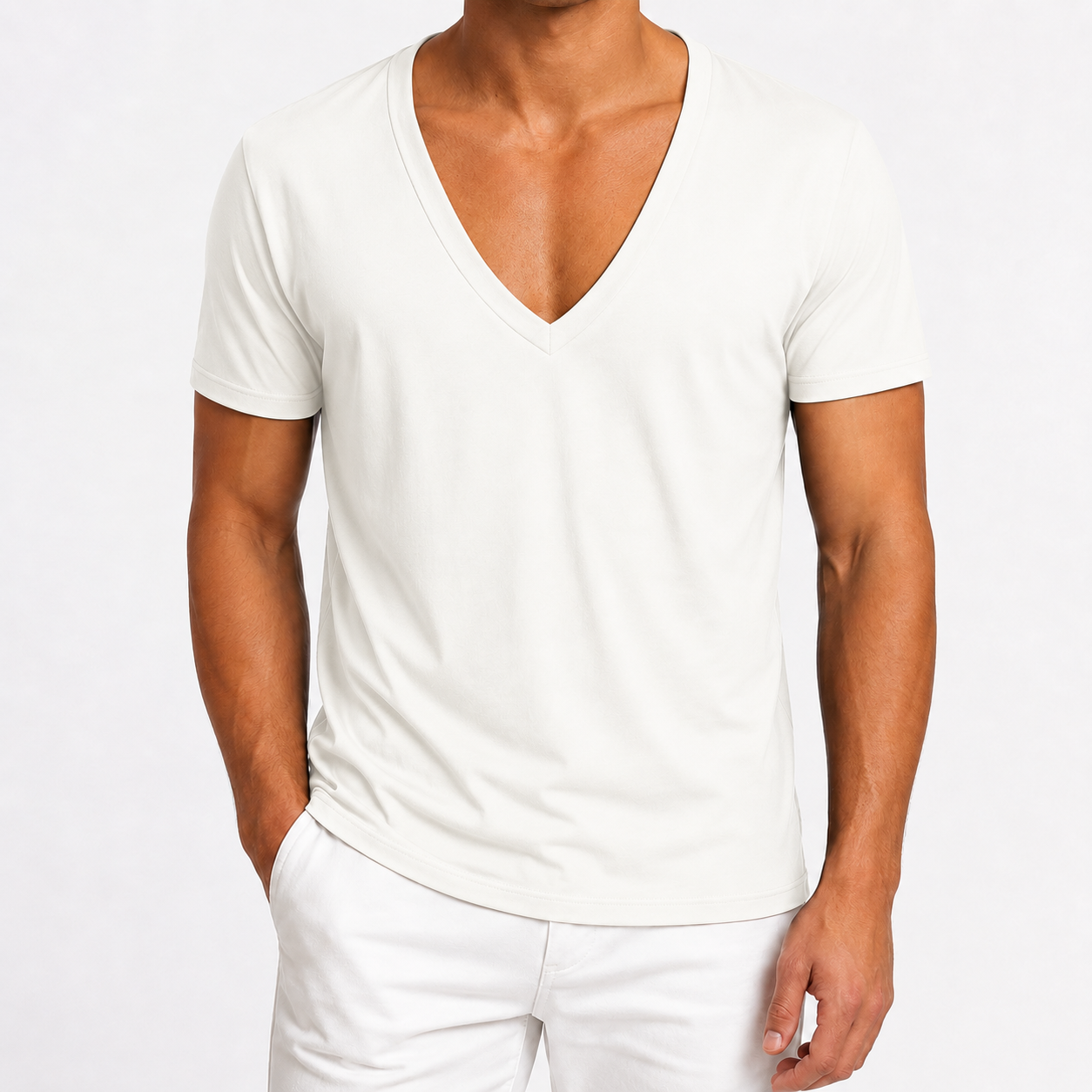 White men's deep V-neck T-shirt front view