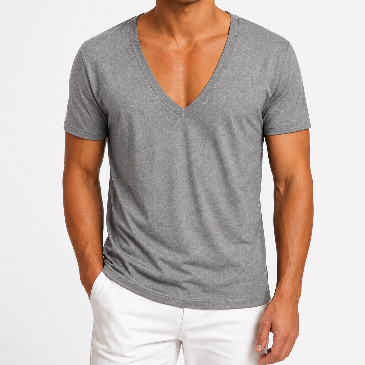 Heather gray men's deep V-neck T-shirt front view