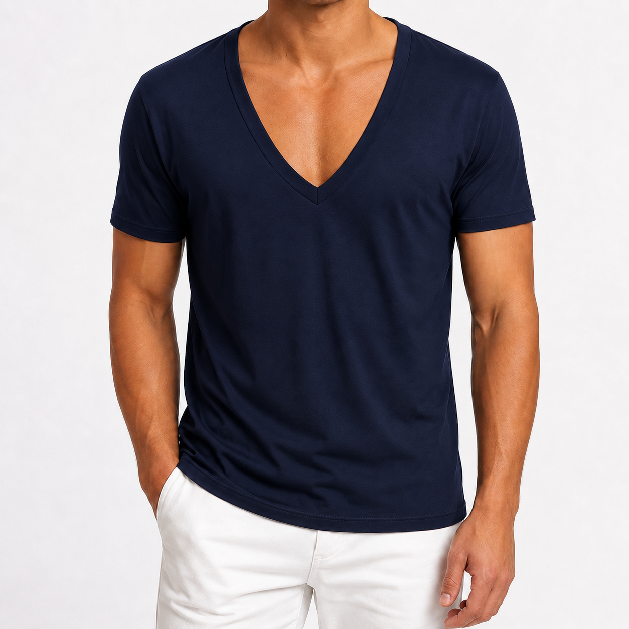Navy blue men's deep V-neck T-shirt front view