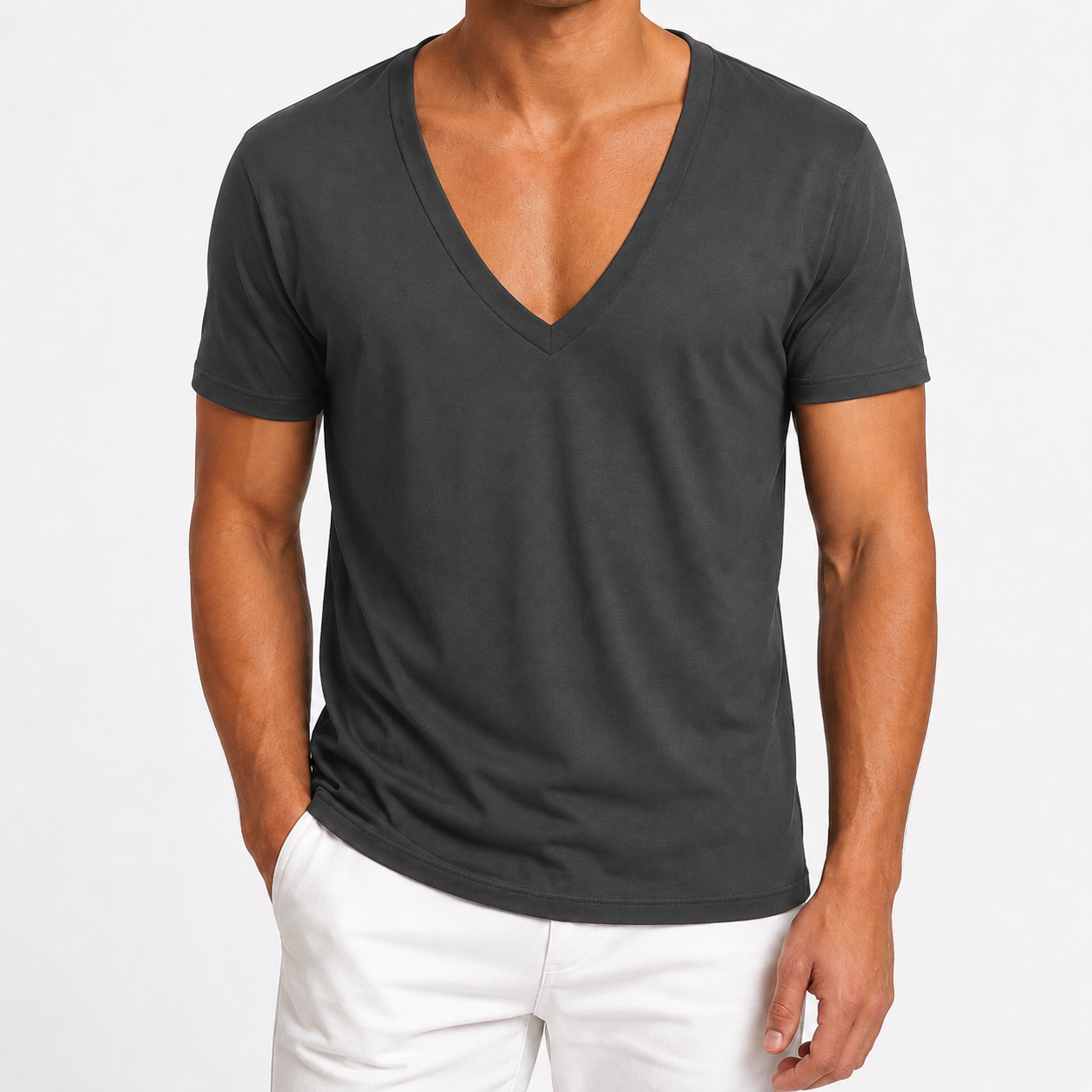 Charcoal gray men's deep V-neck T-shirt front view