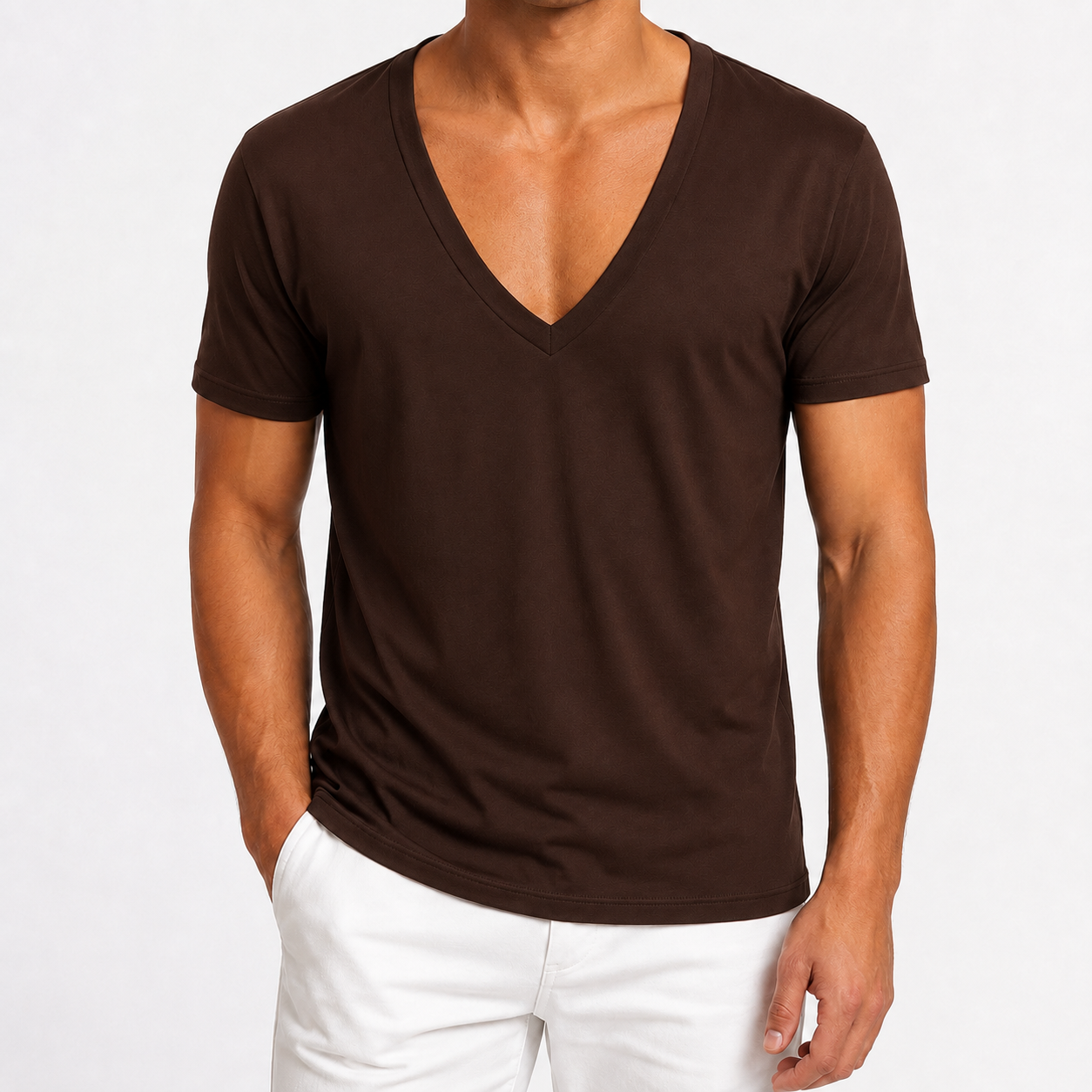 Chocolate brown men's deep V-neck T-shirt front view