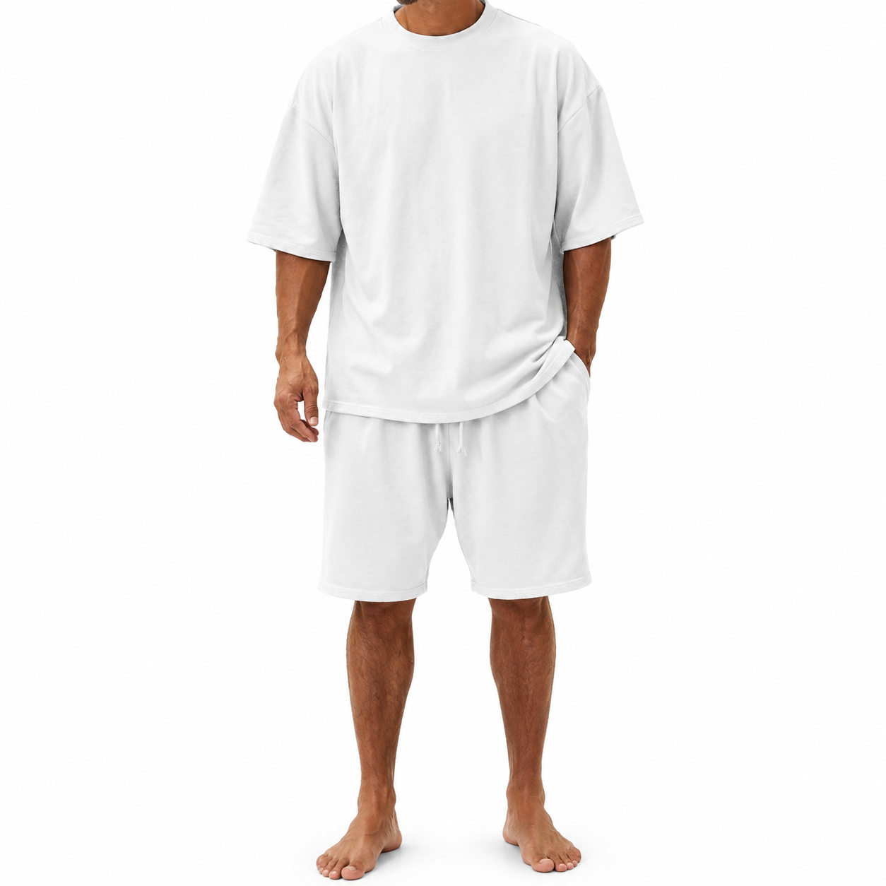 Soft White men's relaxed crew neck T-shirt and drawstring shorts set front view