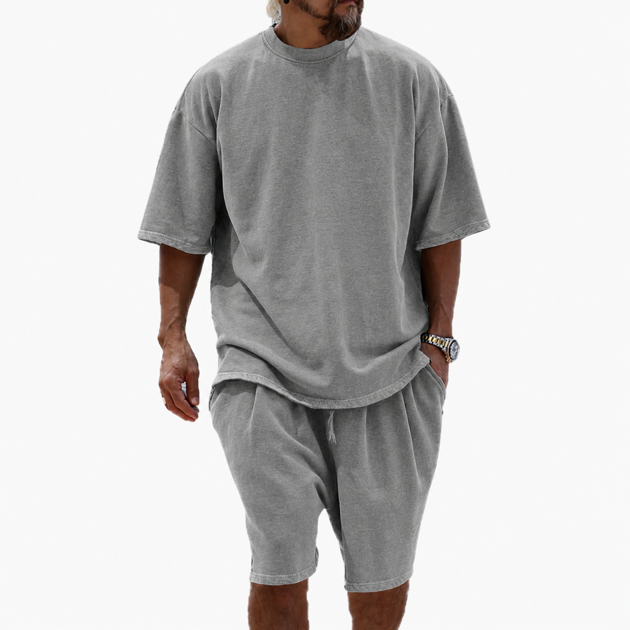 Heather Gray men's relaxed crew neck T-shirt and drawstring shorts set