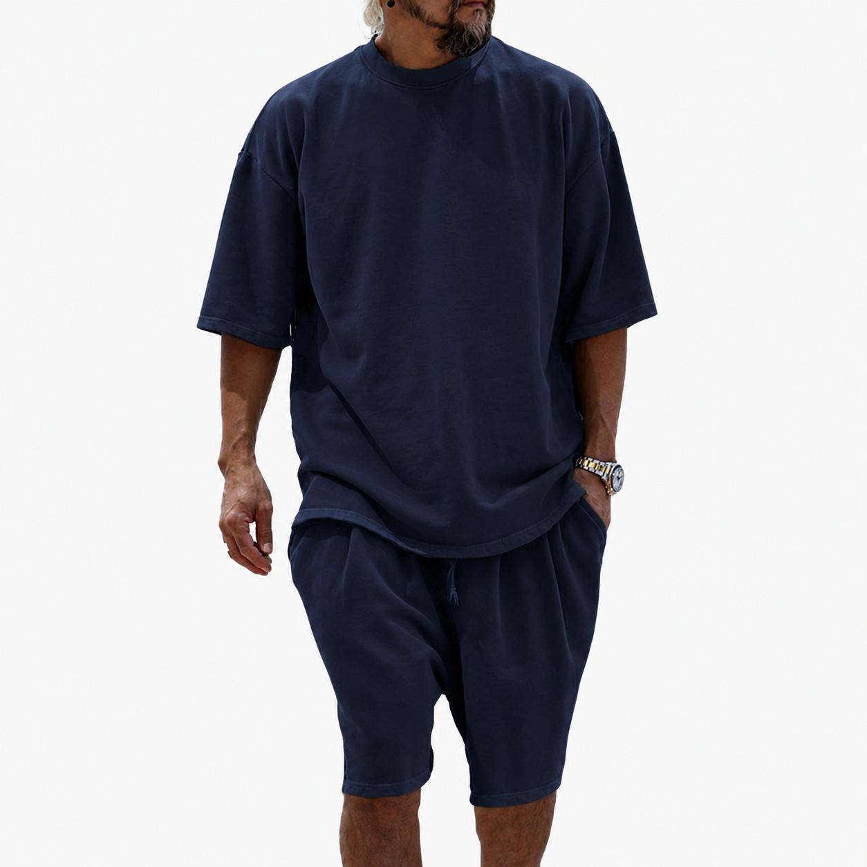 Navy Blue men's relaxed crew neck T-shirt and drawstring shorts set