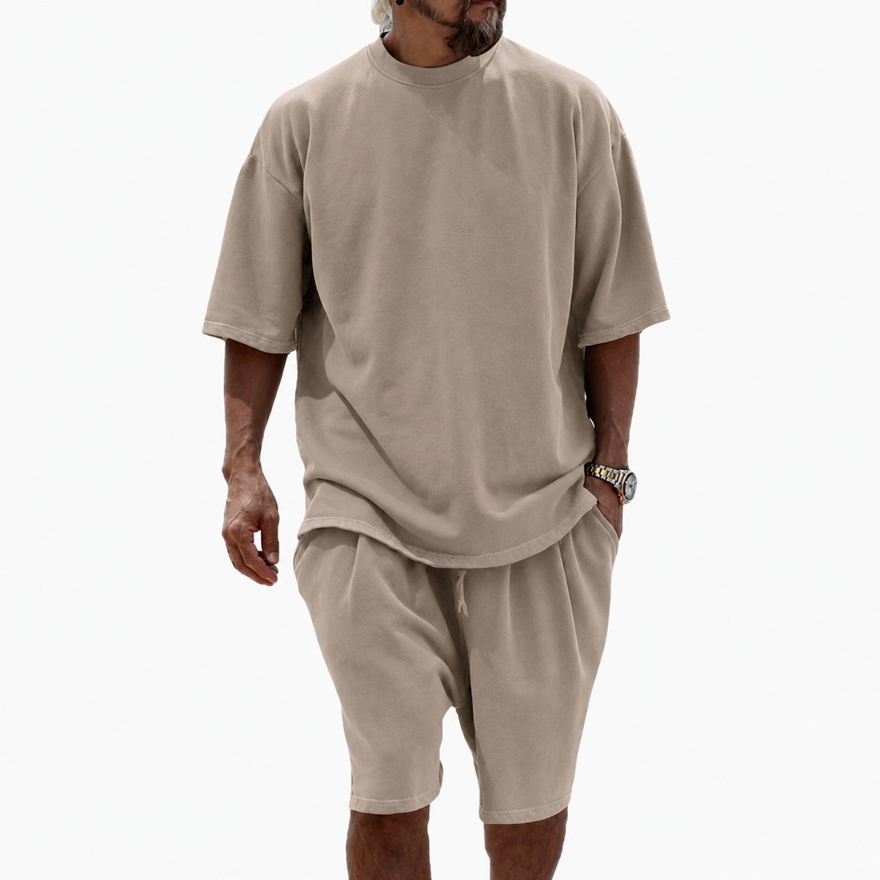Taupe men's relaxed crew neck T-shirt and drawstring shorts set