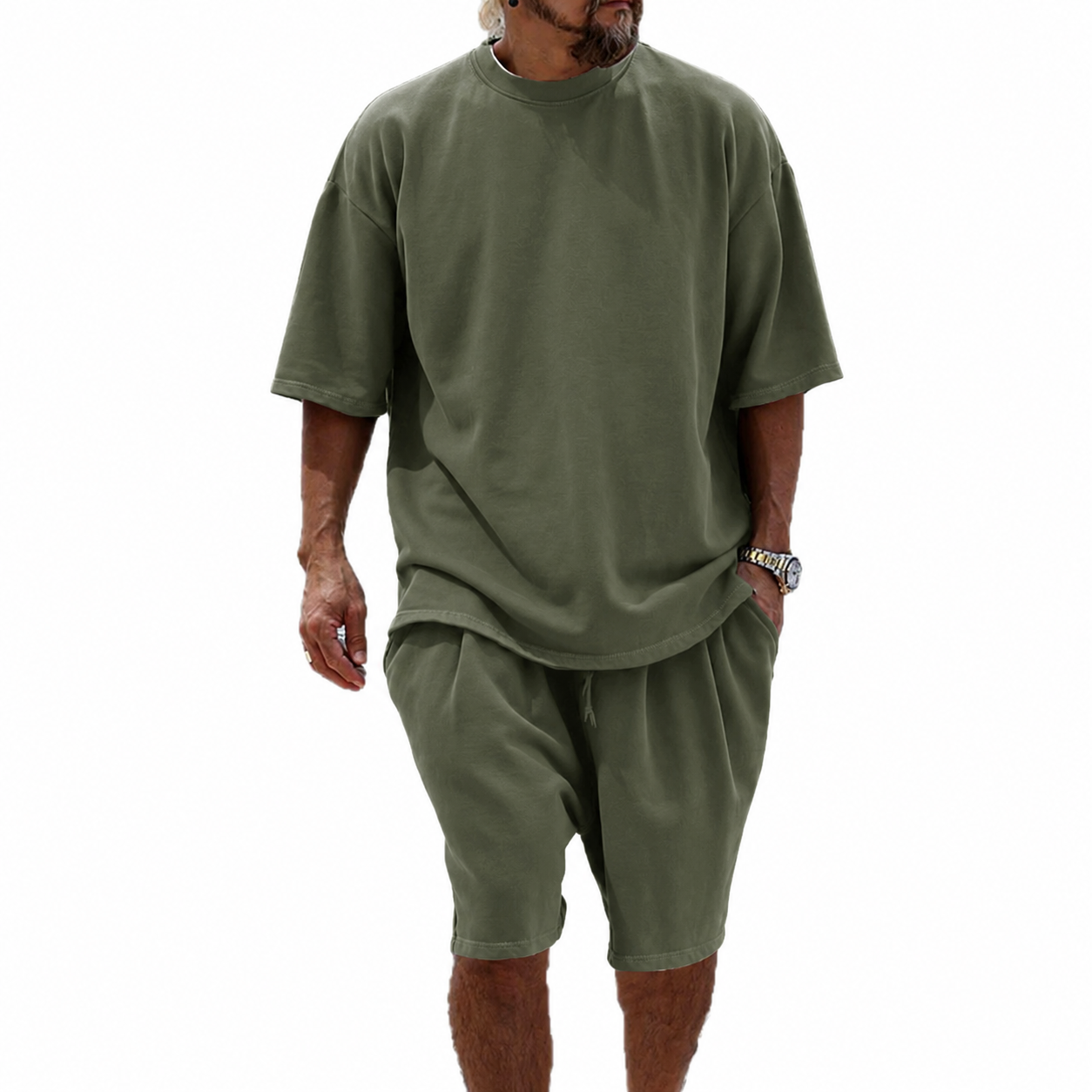 Olive Green men's relaxed crew neck T-shirt and drawstring shorts set