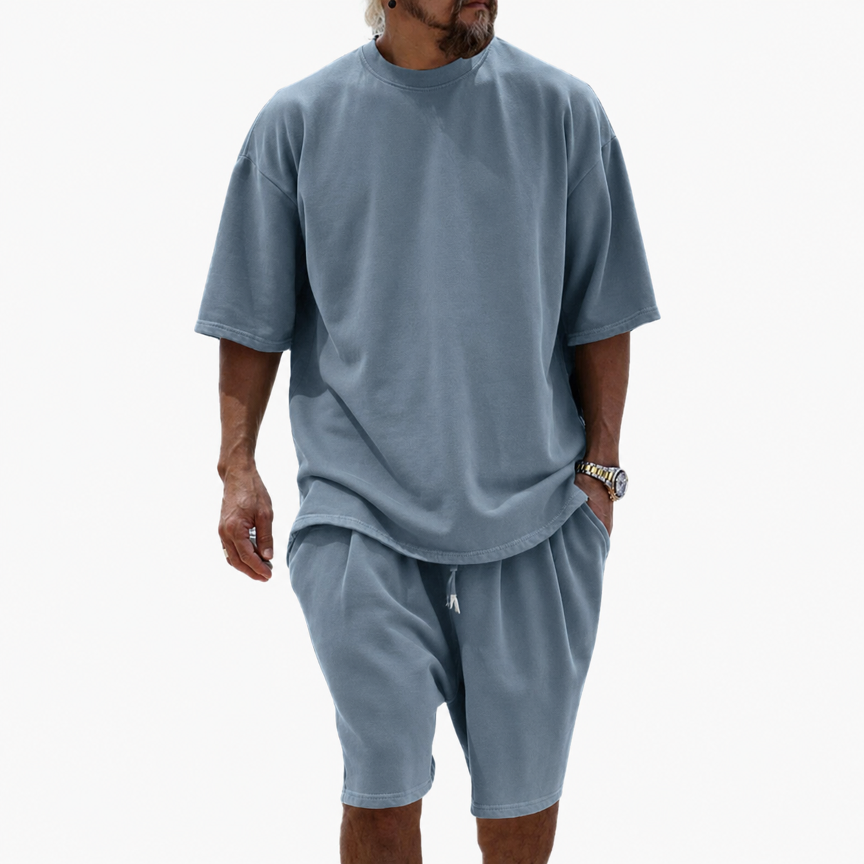 Dusty Blue men's relaxed crew neck T-shirt and drawstring shorts set