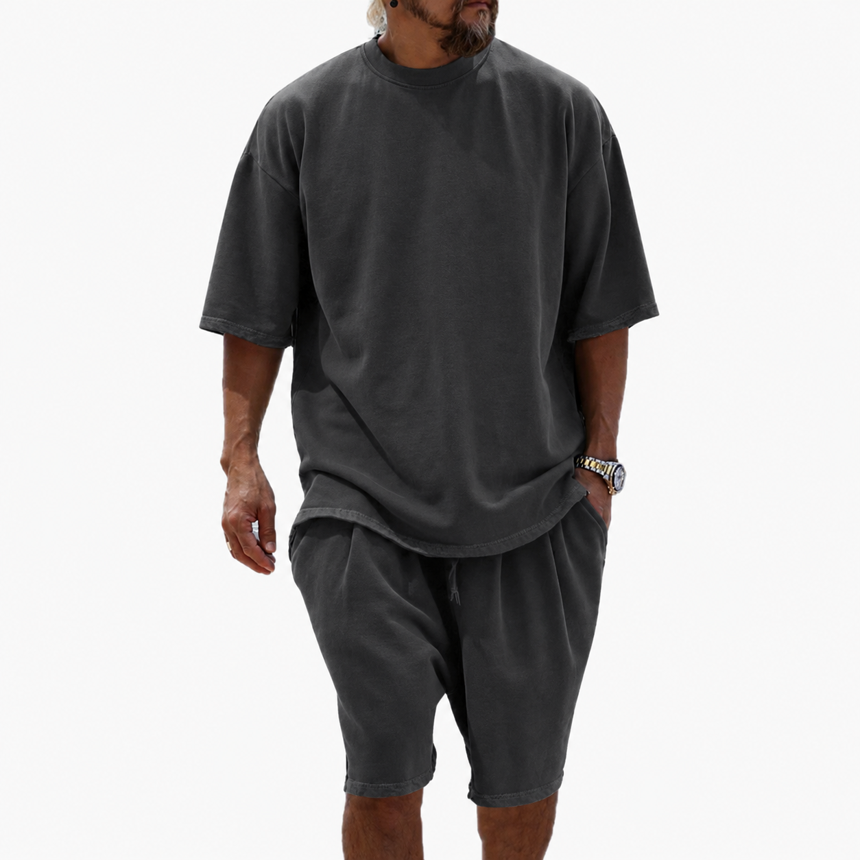 Charcoal men's relaxed crew neck T-shirt and drawstring shorts set