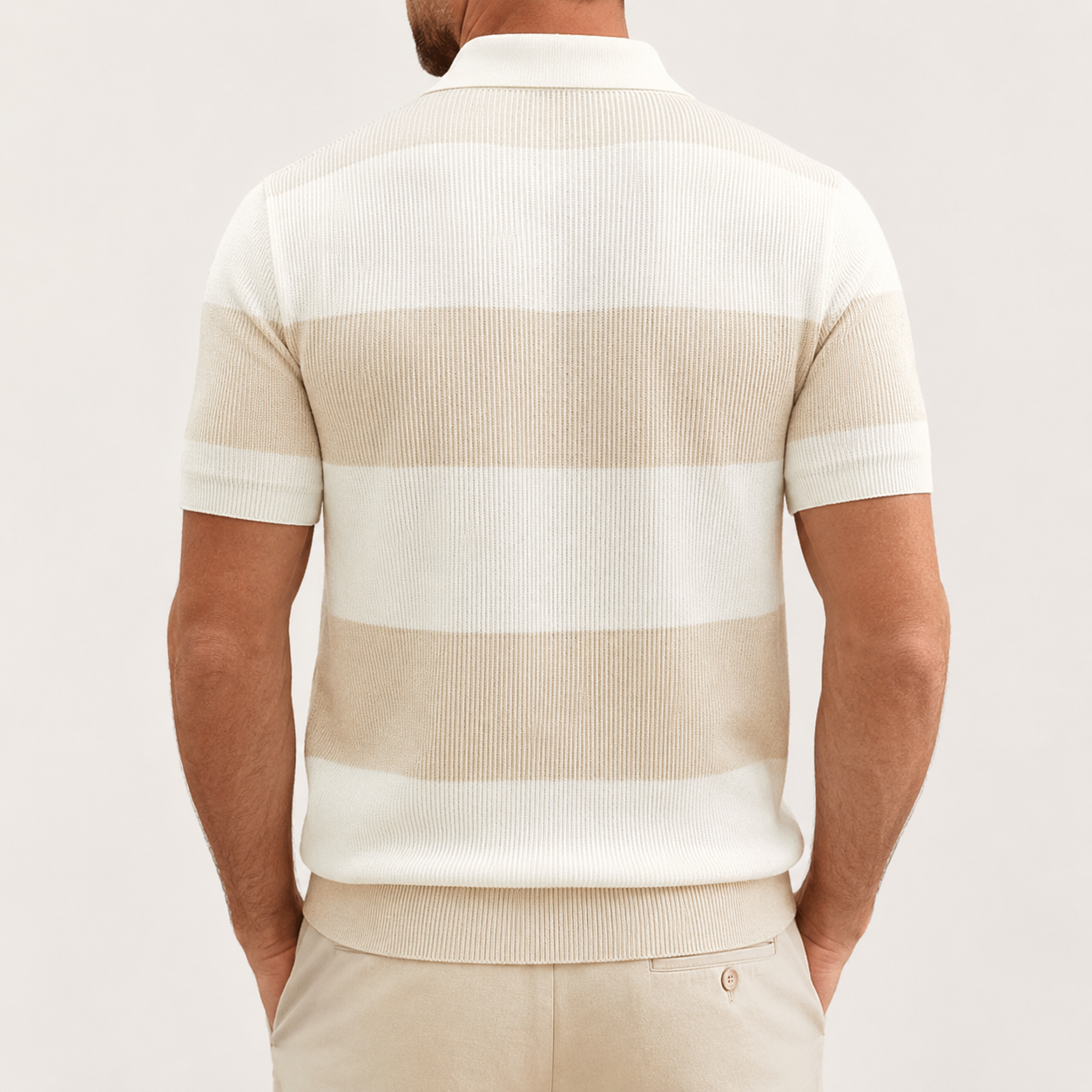 Men's oatmeal beige striped ribbed knit polo back view