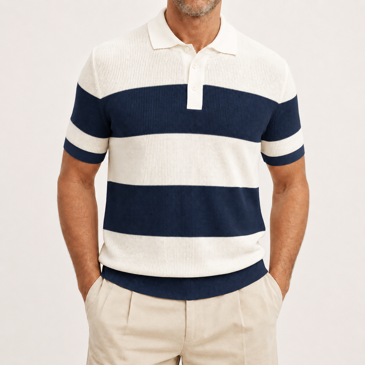Men's navy blue striped ribbed knit polo front view