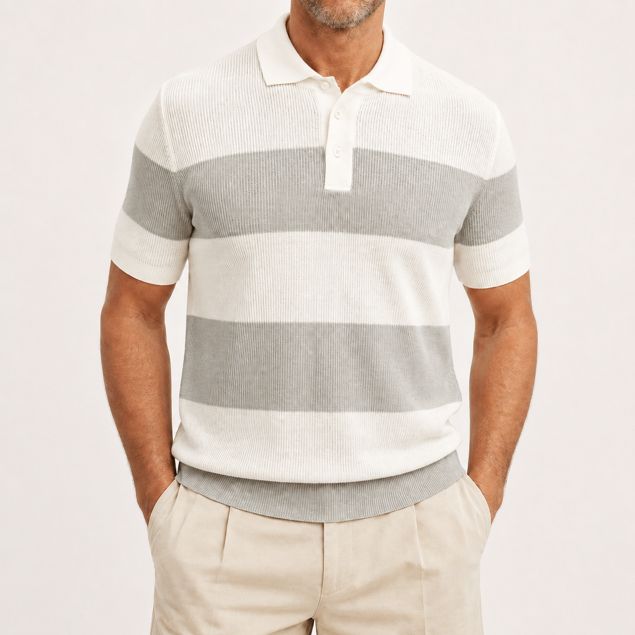 Men's heather gray striped ribbed knit polo front view