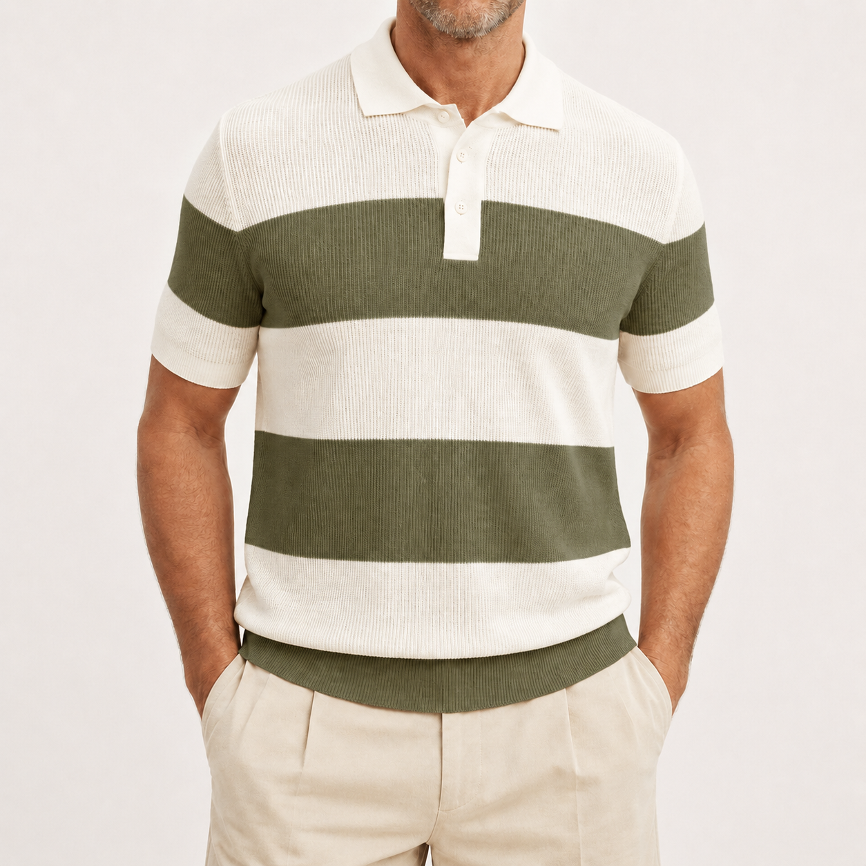 Men's olive khaki striped ribbed knit polo front view