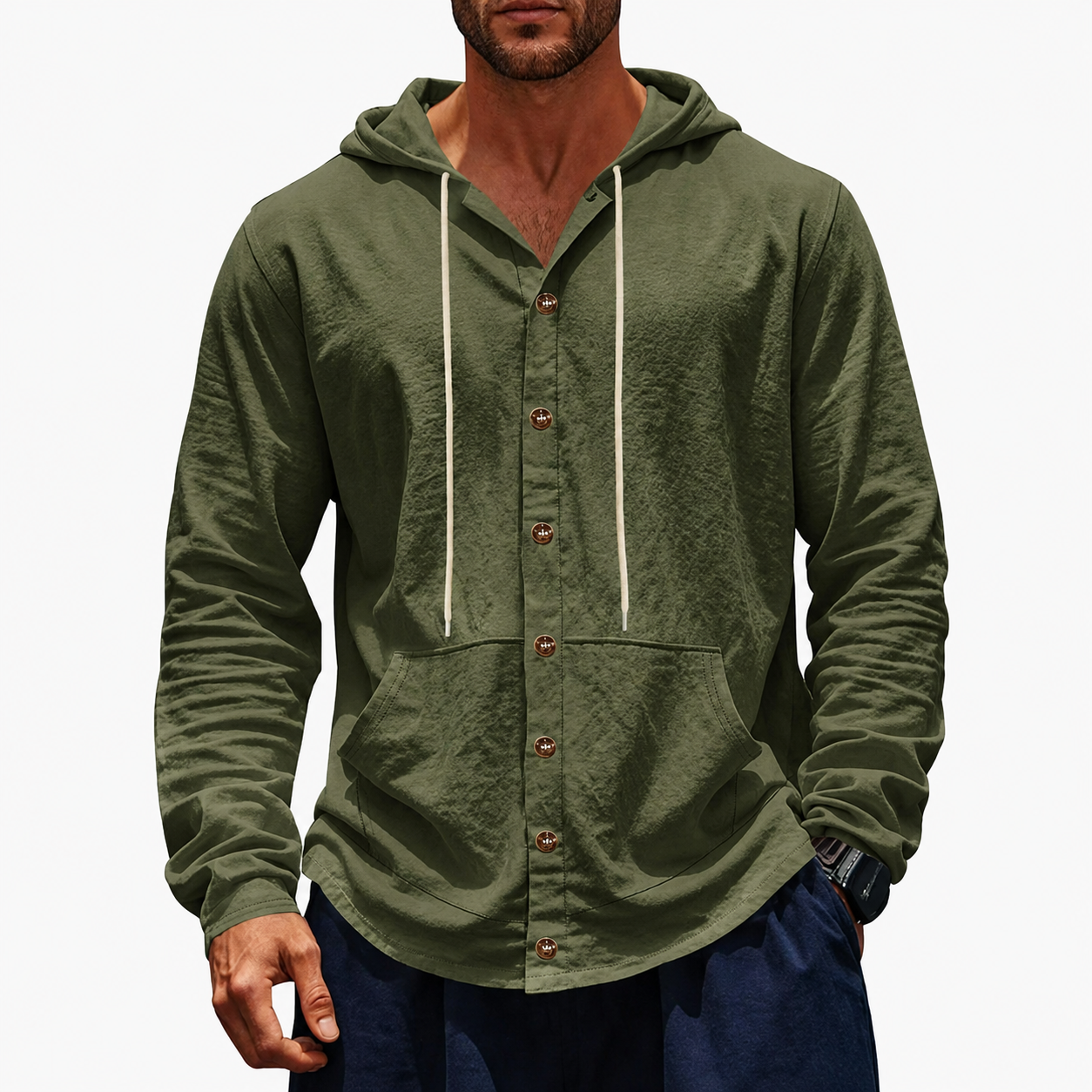 Olive Green men's hooded button-up shirt