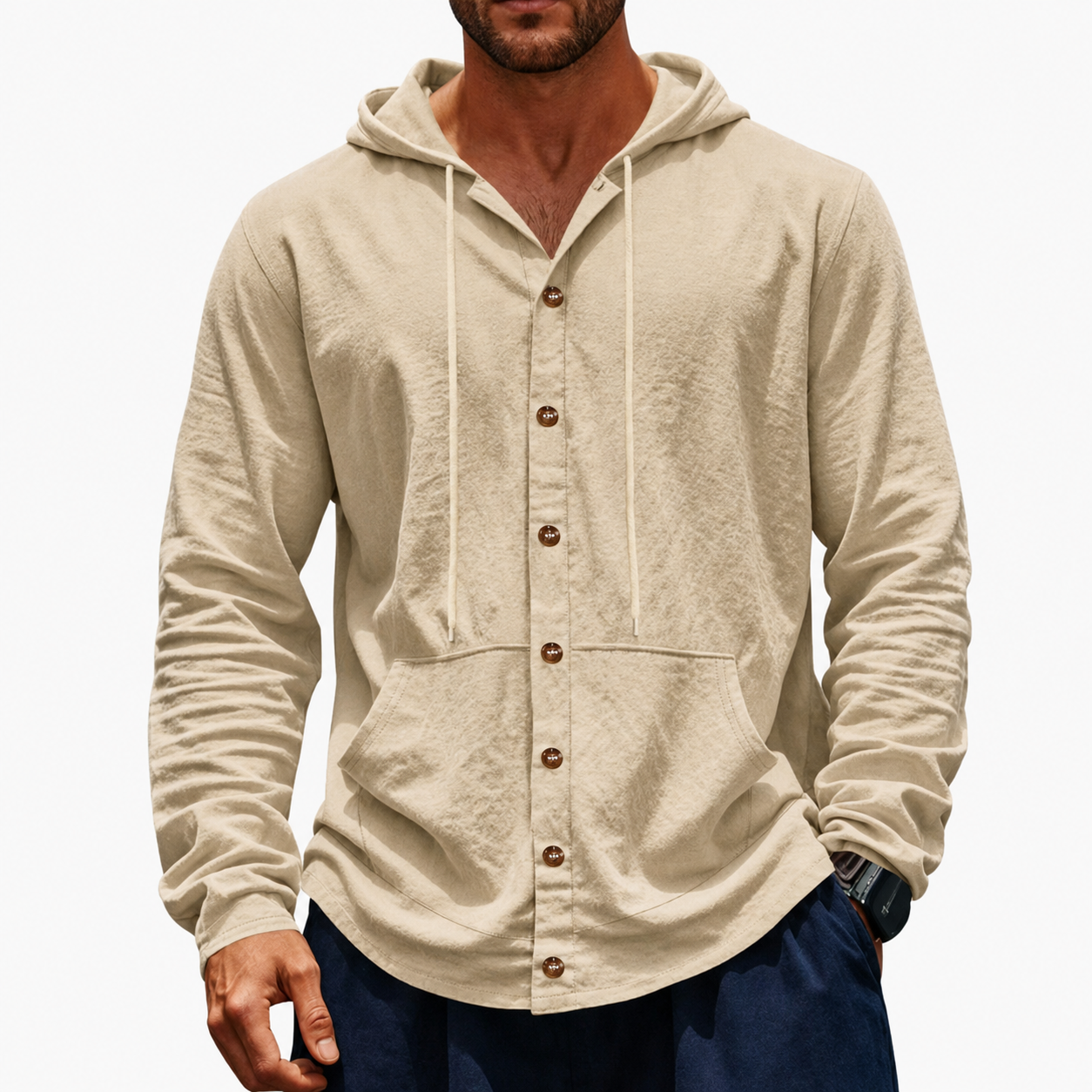 Sand Beige men's hooded button-up shirt