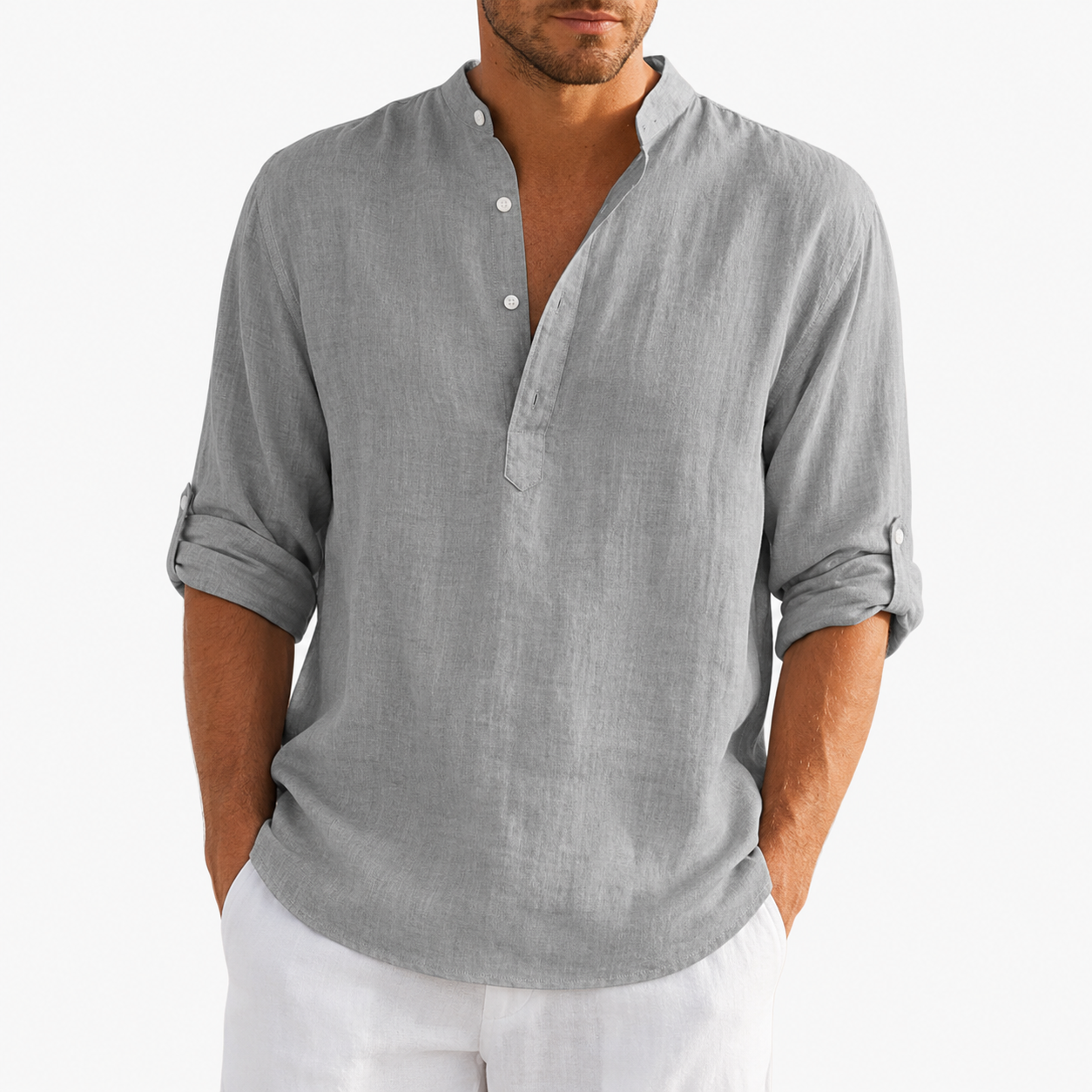 Light gray men's textured band collar shirt