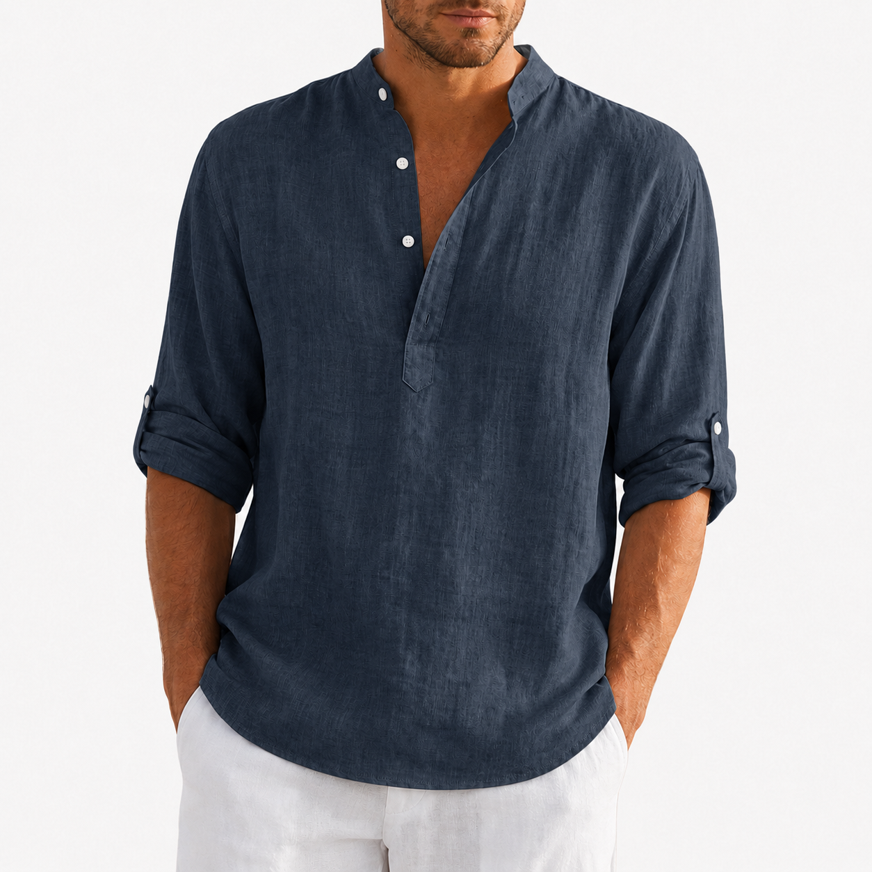 Dusty navy men's textured band collar shirt