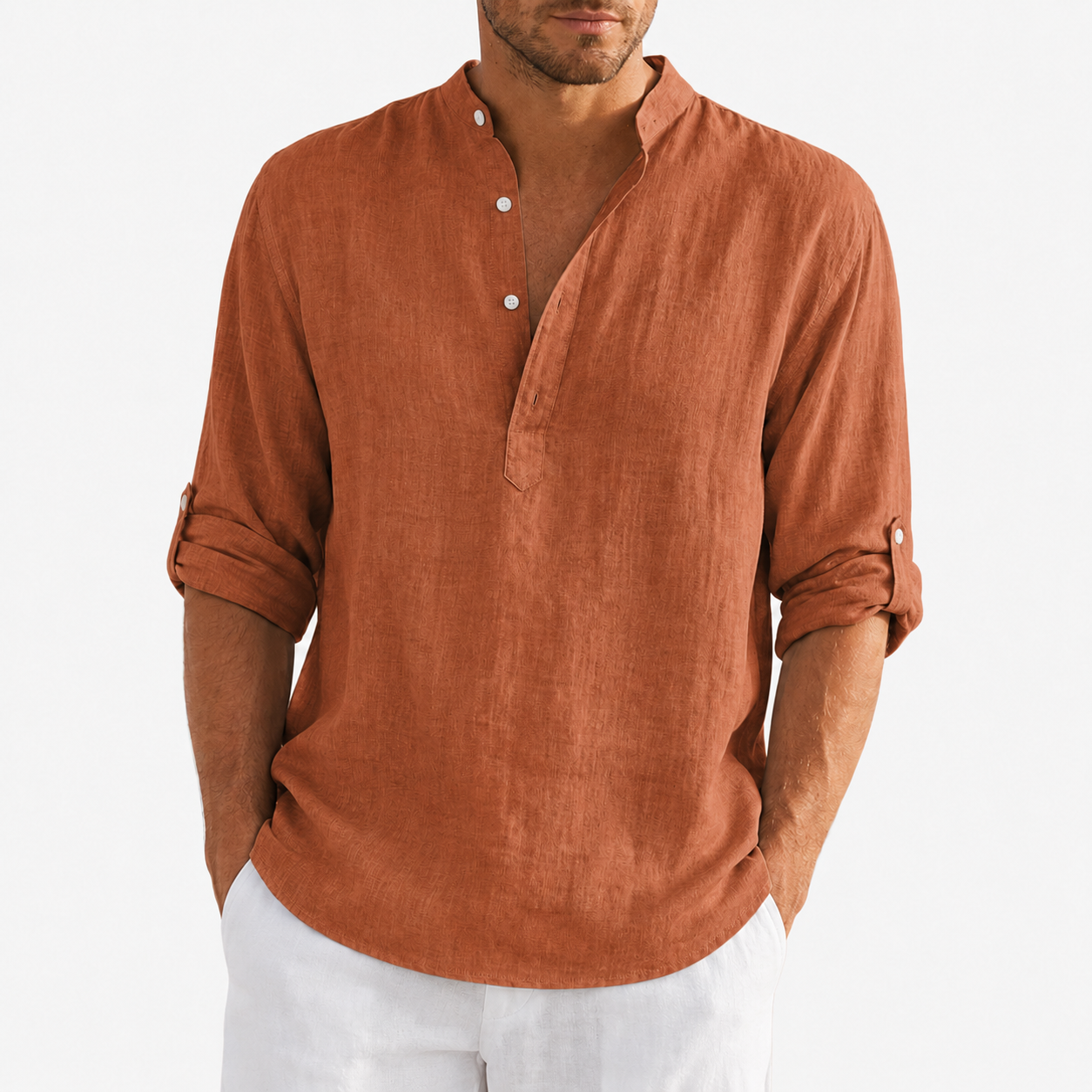 Terracotta brown men's textured band collar shirt