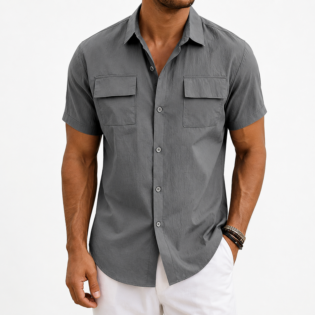 Slate gray men's utility button-up shirt front view
