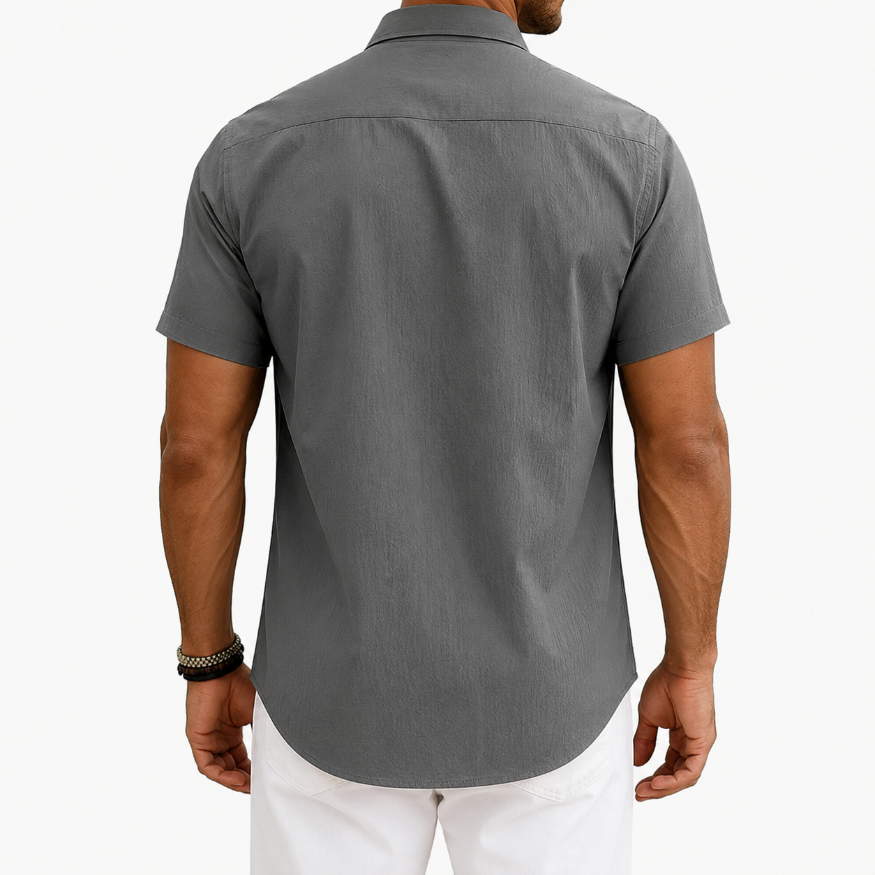 Men's utility button-up shirt back view with curved hem