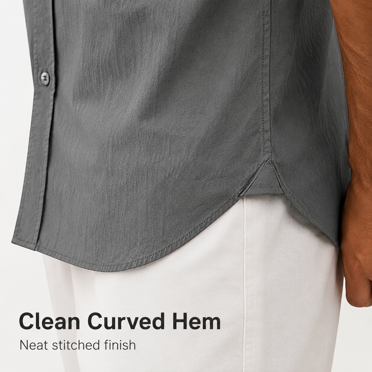 Clean curved hem and stitched finish detail