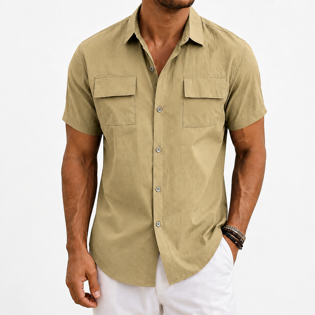 Khaki men's utility button-up shirt front view