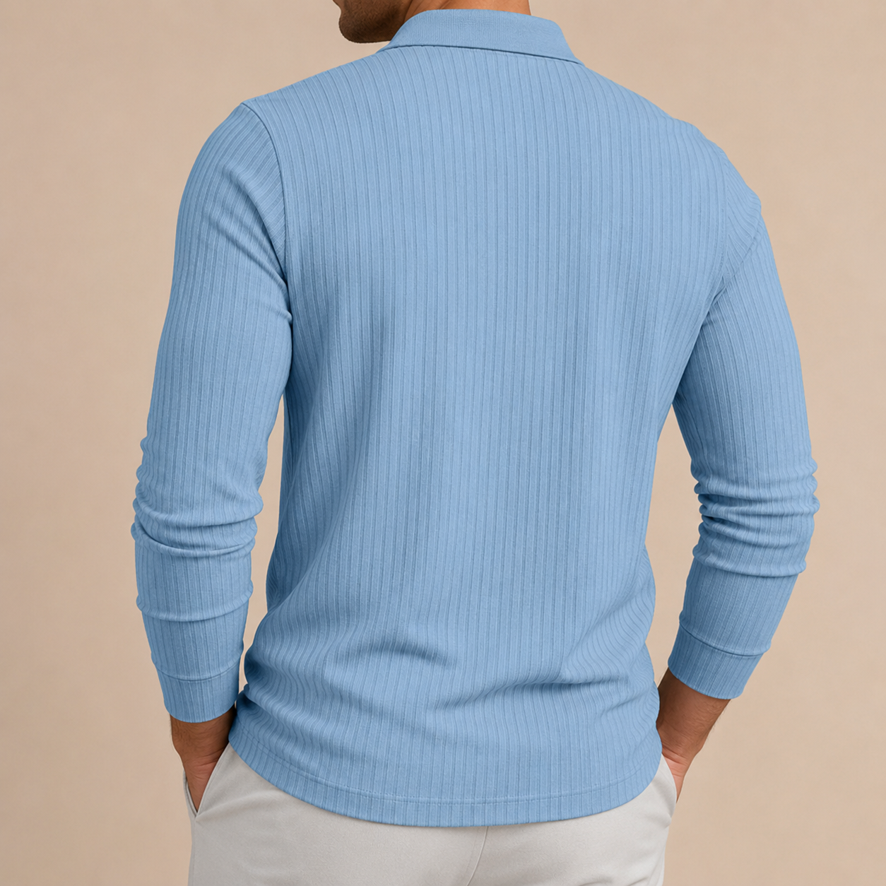 Back view of sky blue ribbed long sleeve polo shirt
