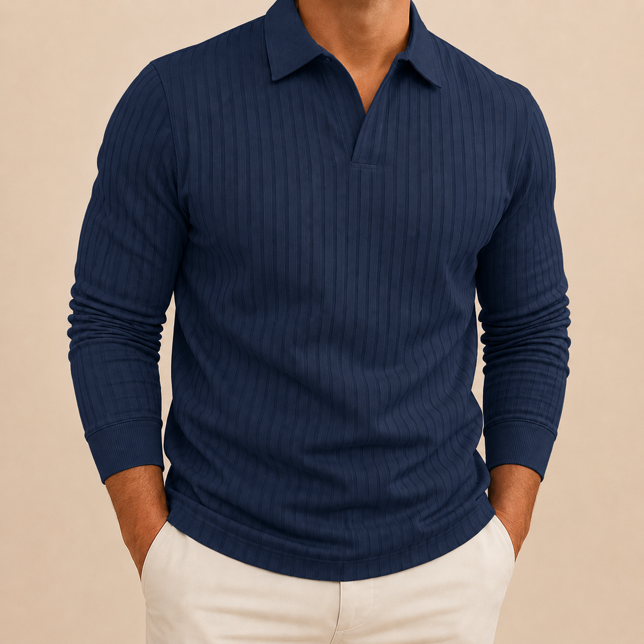 Navy blue men's ribbed long sleeve polo shirt