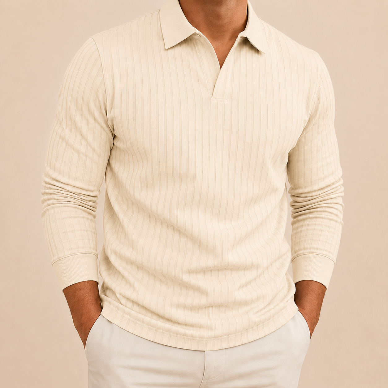Cream men's ribbed long sleeve polo shirt