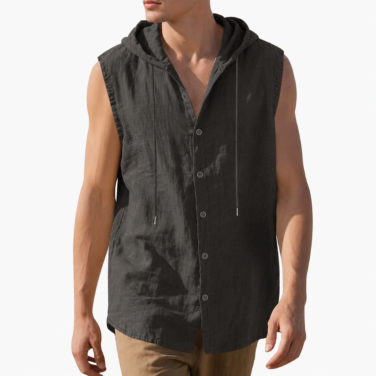 Charcoal gray men's sleeveless hooded button-up shirt