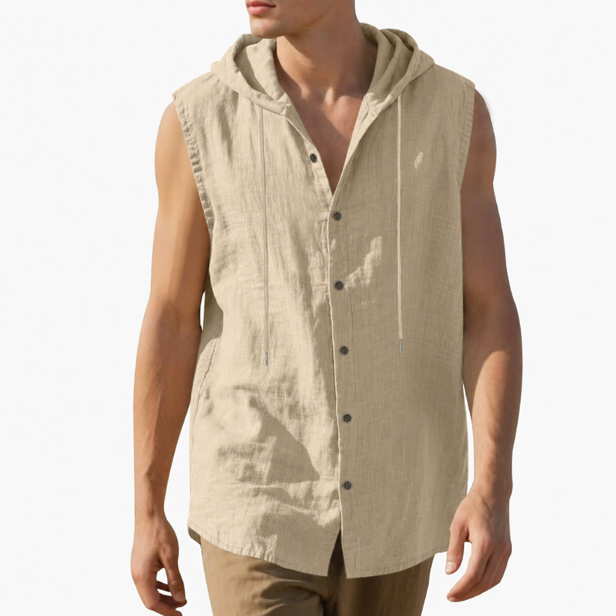 Stone beige men's sleeveless hooded button-up shirt