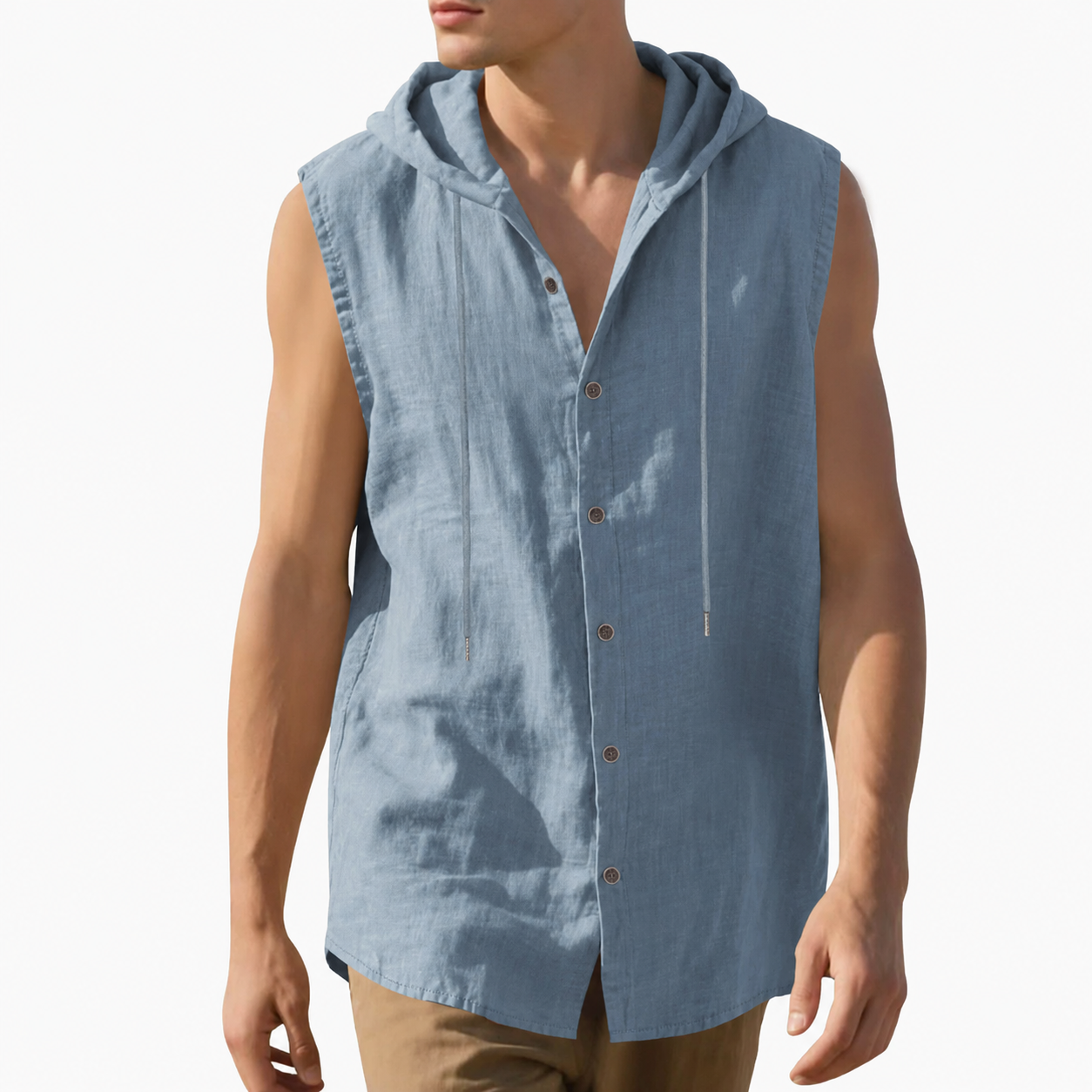 Dusty blue men's sleeveless hooded button-up shirt