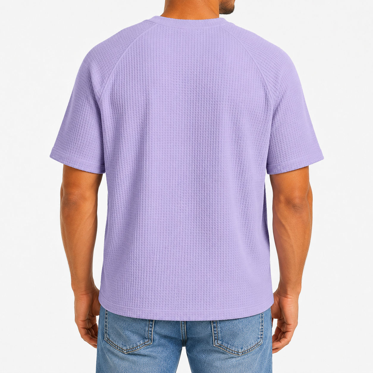 Lavender men's waffle-knit crewneck short sleeve T-shirt back view